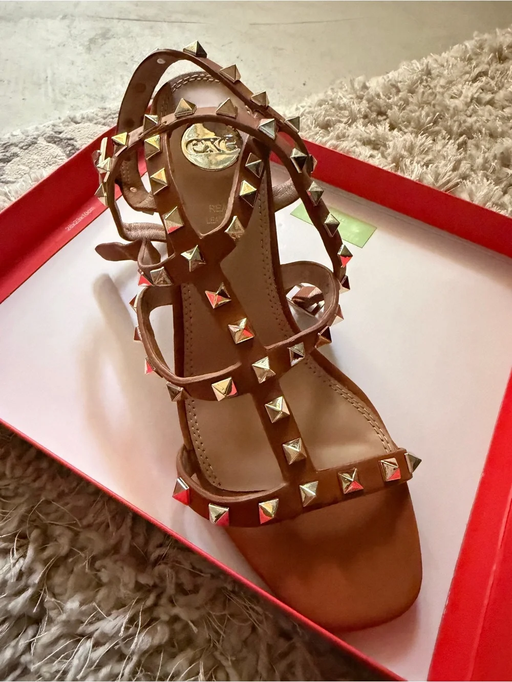 Pyramid Studded Tan Leather Strappy Heel Sandal